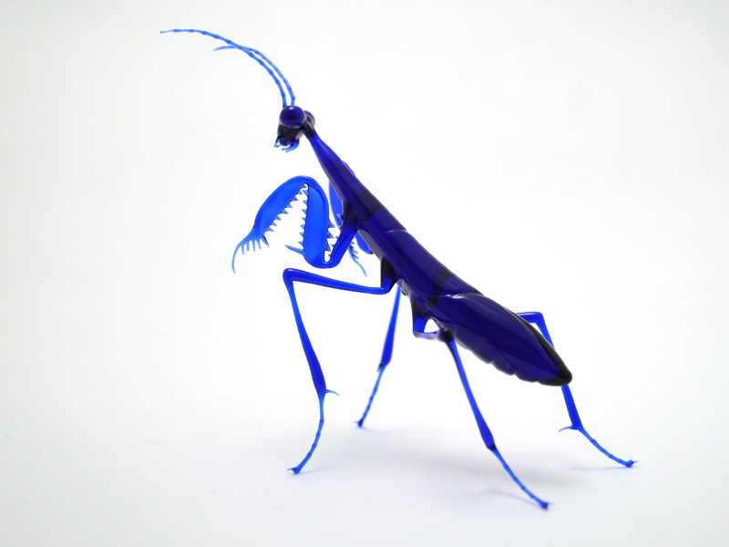 Indigo Mantis, glass preying mantis by Wesley Fleming